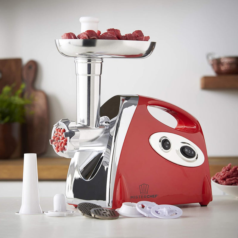 MisterChef 1600W Electric Meat Grinder: Stainless Steel, Red