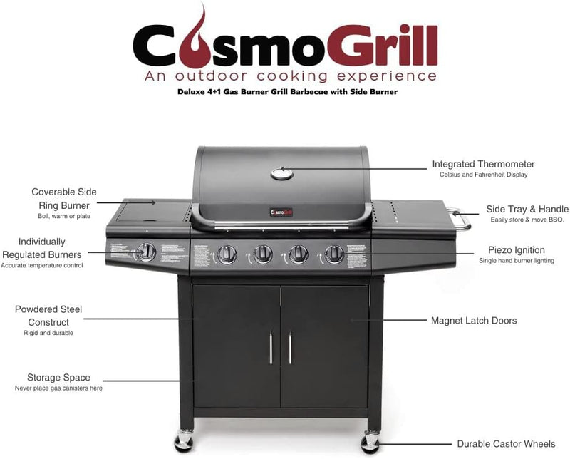 CosmoGrill Pro Deluxe 5-Burner Gas BBQ with Side Burner