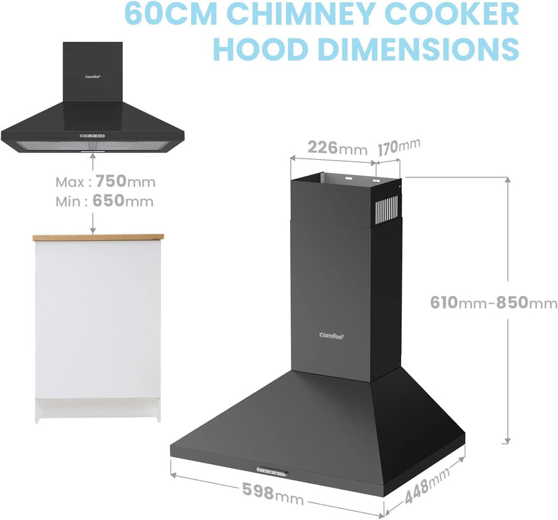 COMFEE' 60cm Chimney Cooker Hood PYRA17B-60 Wall Mounted Range Hood