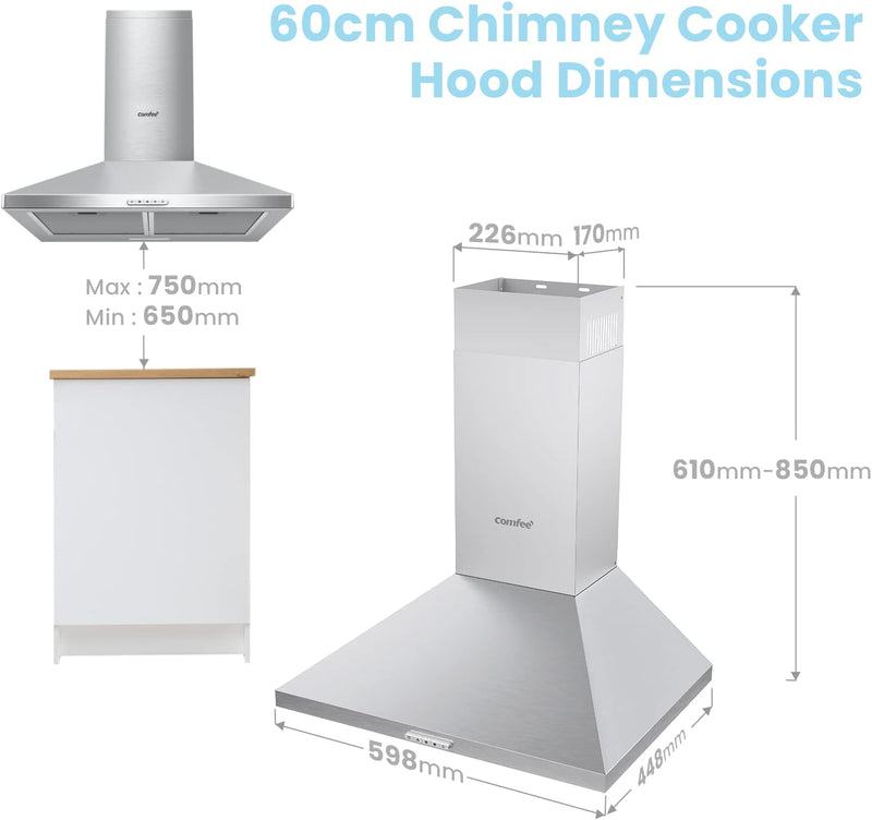 COMFEE' 60cm Chimney Cooker Hood PYRA17B-60 Wall Mounted Range Hood