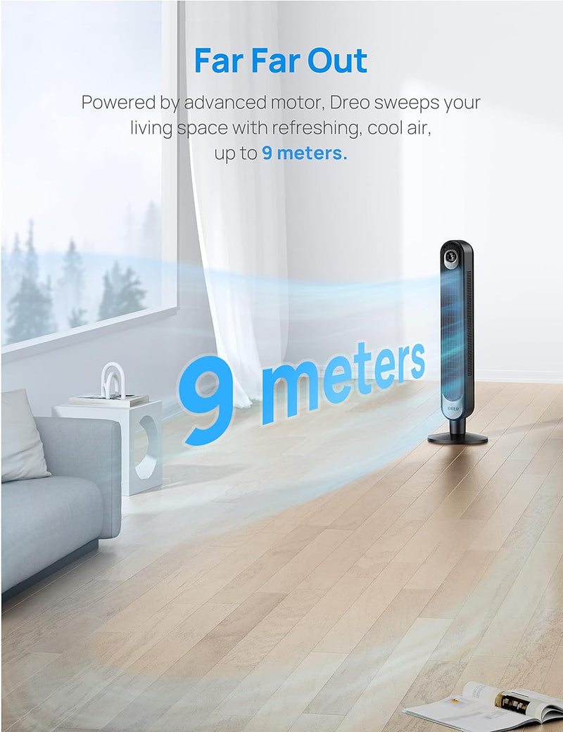 Dreo Smart Tower Fan | WiFi, Voice Control, 7.3m/s Velocity | Black