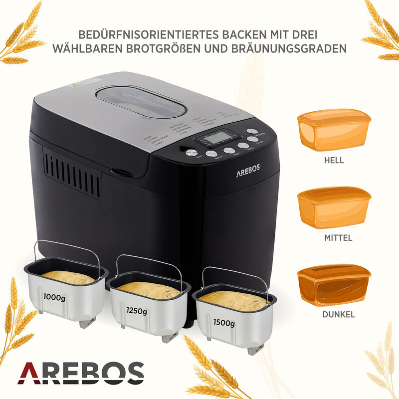 Arebos Bread Maker: 15 Programs, LCD Display, 850W