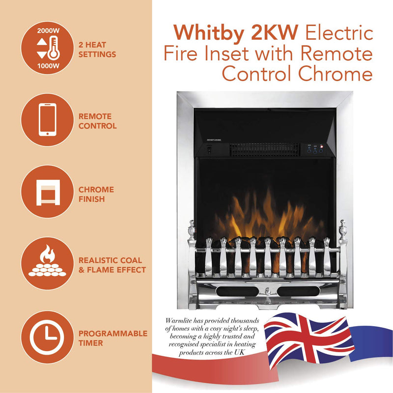 Warmlite Whitby LED Electric Fire: Remote, 2000W, Brass Effect