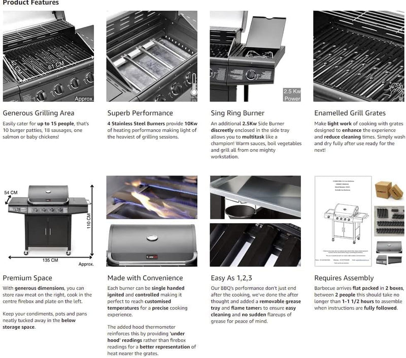 CosmoGrill Pro Deluxe 5-Burner Gas BBQ with Side Burner