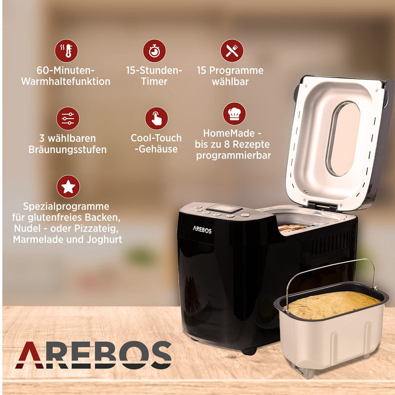 Arebos Bread Maker: 15 Programs, LCD Display, 850W