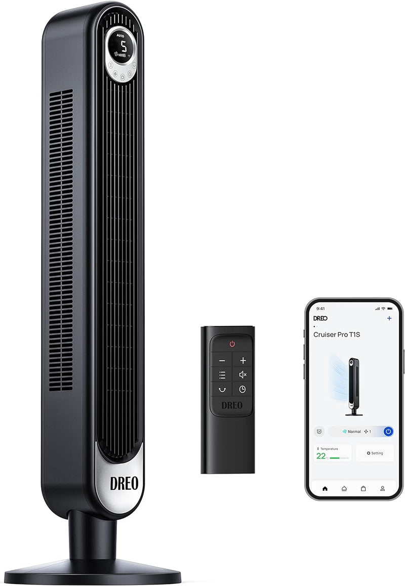 Dreo Smart Tower Fan | WiFi, Voice Control, 7.3m/s Velocity | Black