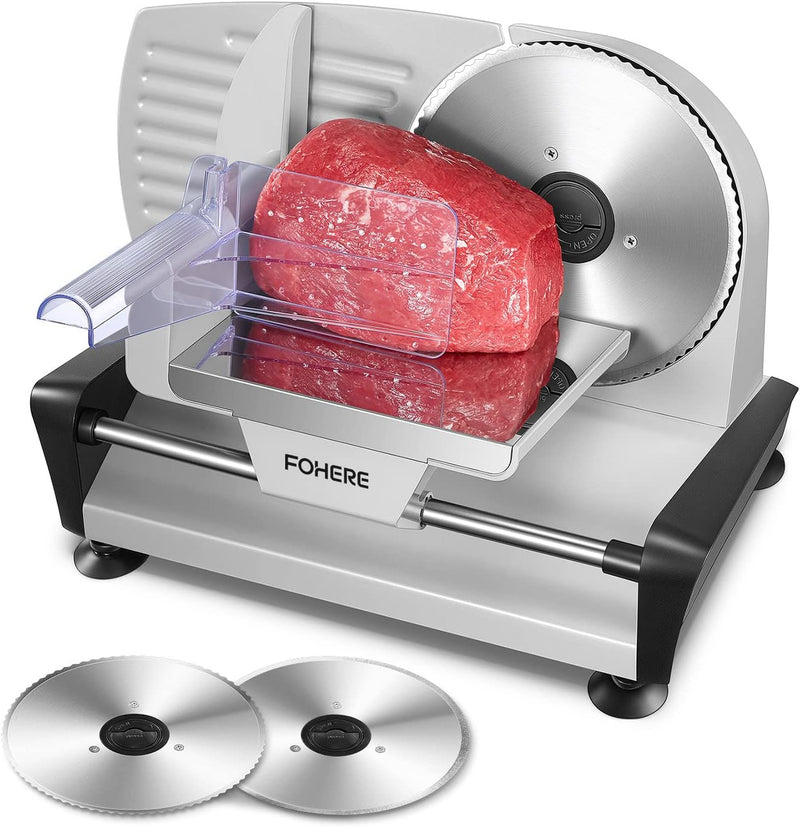 FOHERE Electric Meat Slicer: 200W, Adjustable Thickness, Silver