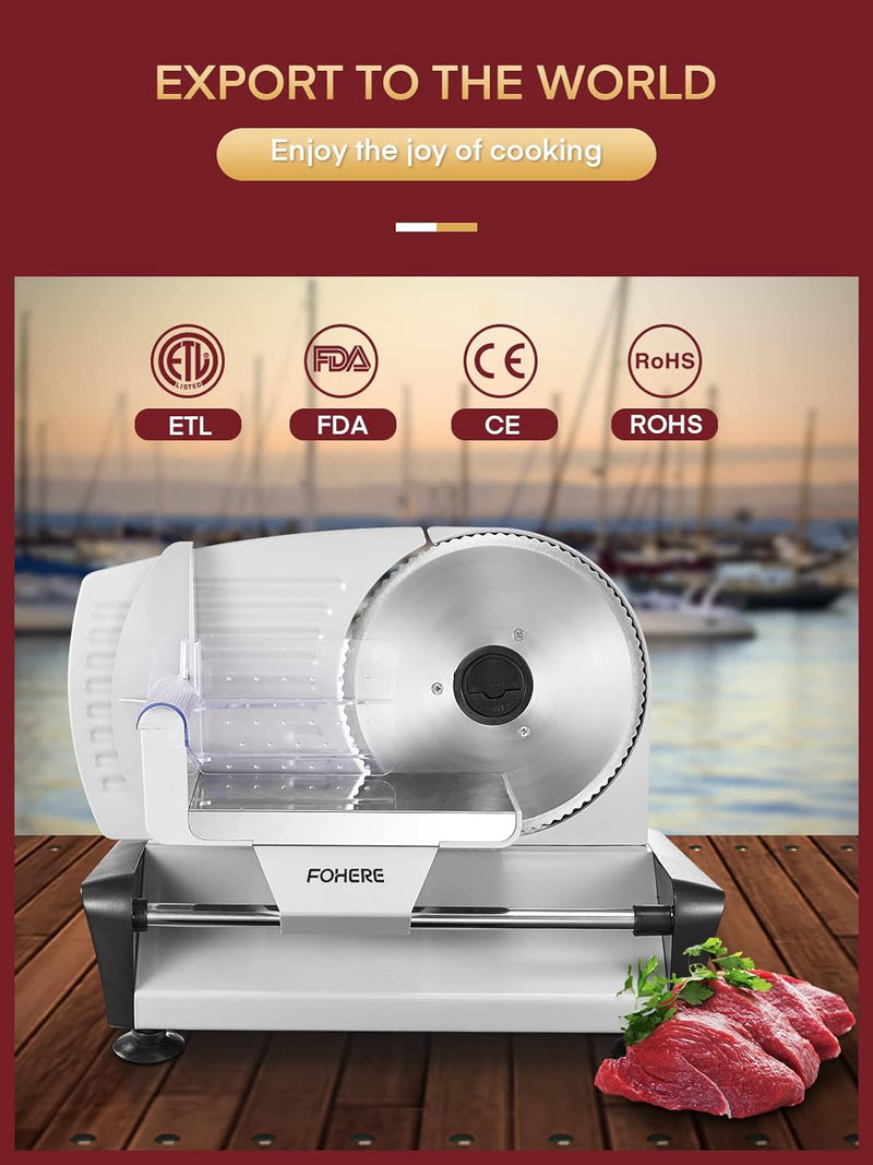 FOHERE Electric Meat Slicer: 200W, Adjustable Thickness, Silver