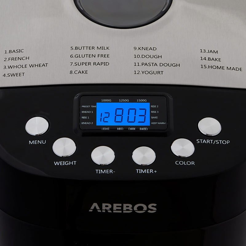 Arebos Bread Maker: 15 Programs, LCD Display, 850W