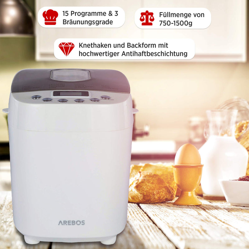 Arebos Bread Maker: 15 Programs, LCD Display, 850W