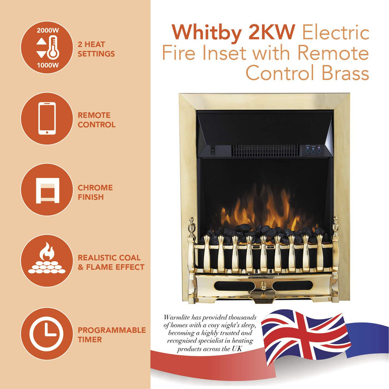 Warmlite Whitby LED Electric Fire: Remote, 2000W, Brass Effect