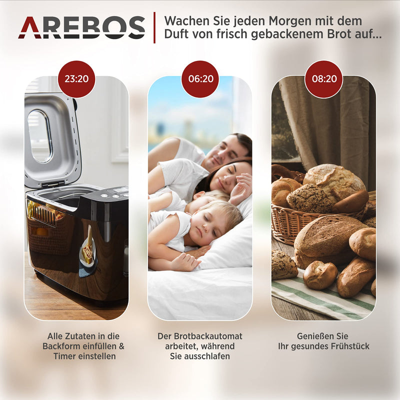 Arebos Bread Maker: 15 Programs, LCD Display, 850W