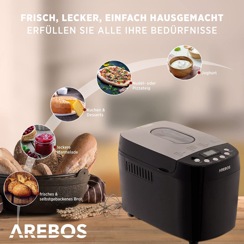 Arebos Bread Maker: 15 Programs, LCD Display, 850W