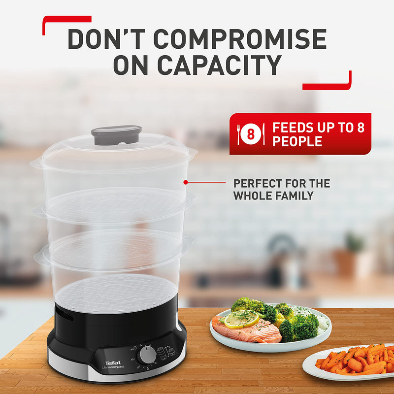 Tefal Ultracompact Steam Cooker - 3-Tier Food Steamer, Black