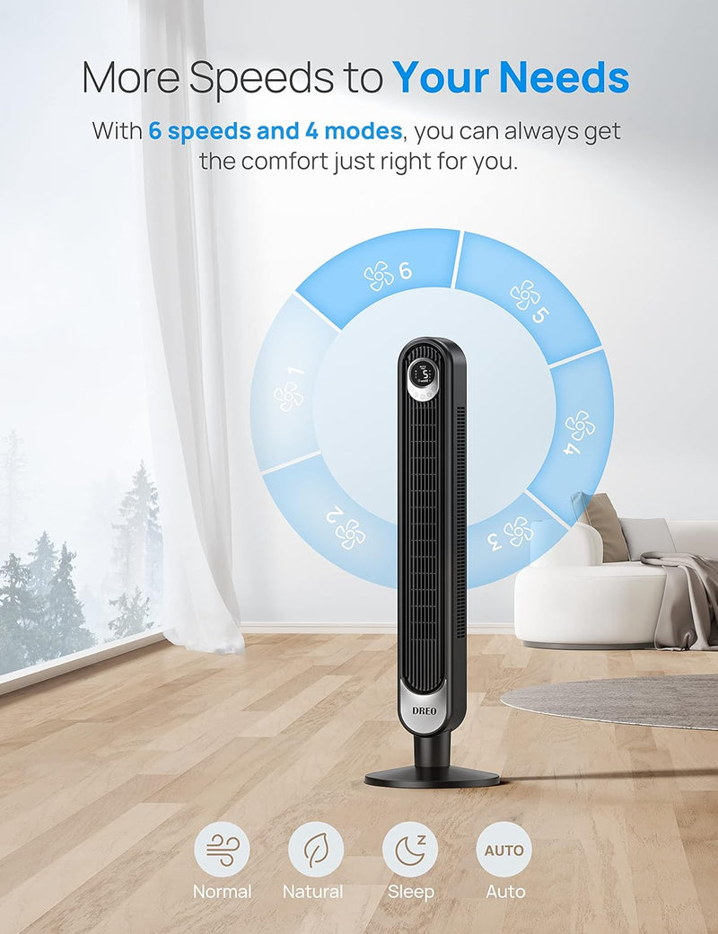 Dreo Smart Tower Fan | WiFi, Voice Control, 7.3m/s Velocity | Black