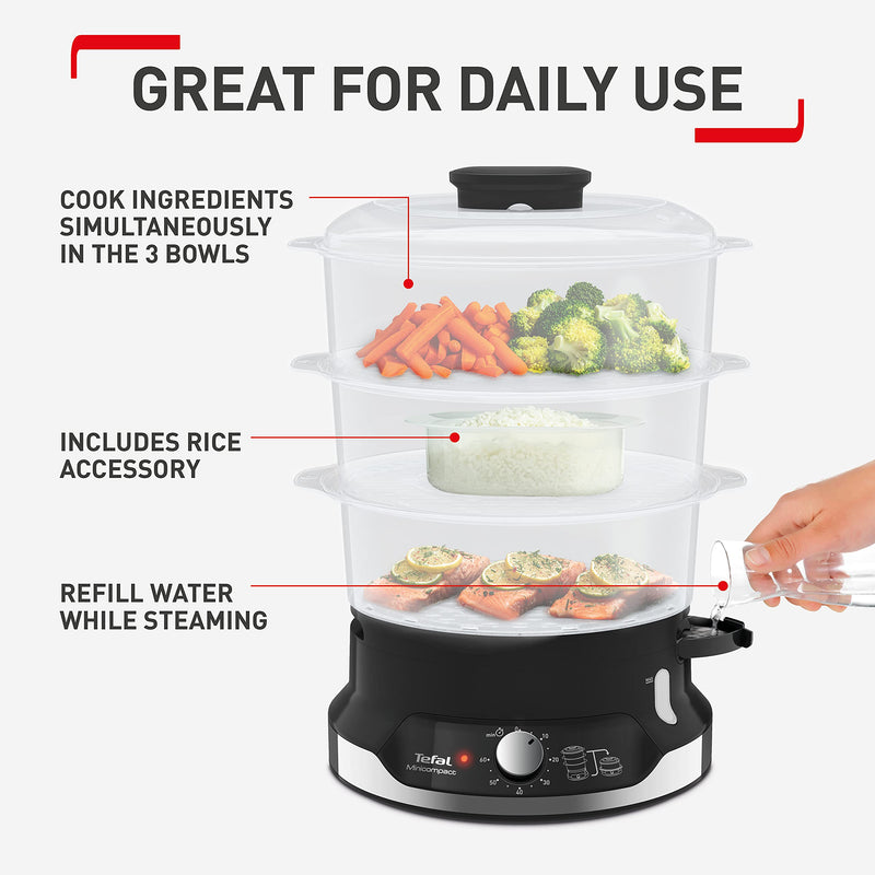 Tefal Ultracompact Steam Cooker - 3-Tier Food Steamer, Black