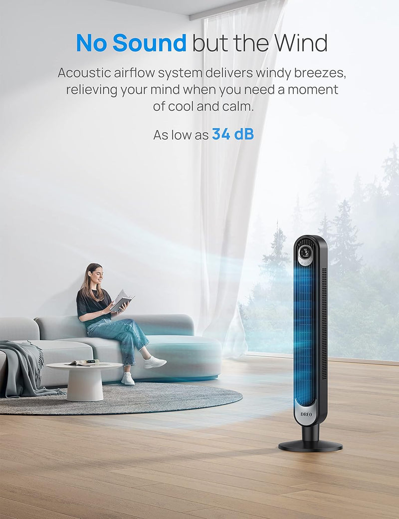 Dreo Smart Tower Fan | WiFi, Voice Control, 7.3m/s Velocity | Black