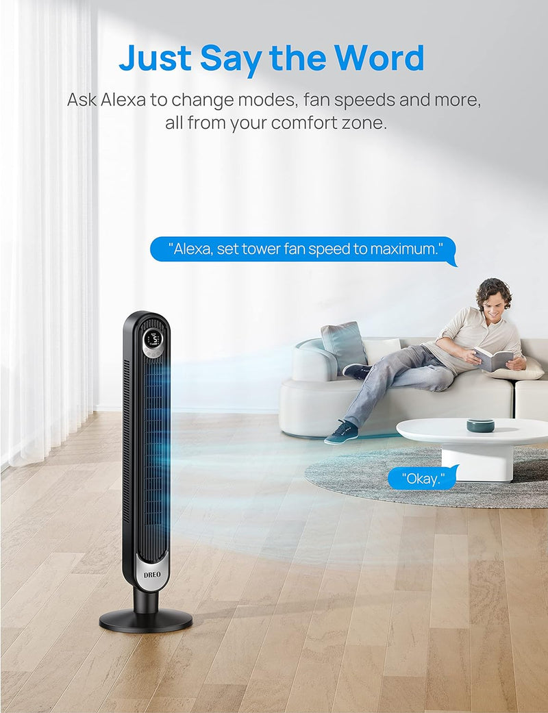 Dreo Smart Tower Fan | WiFi, Voice Control, 7.3m/s Velocity | Black