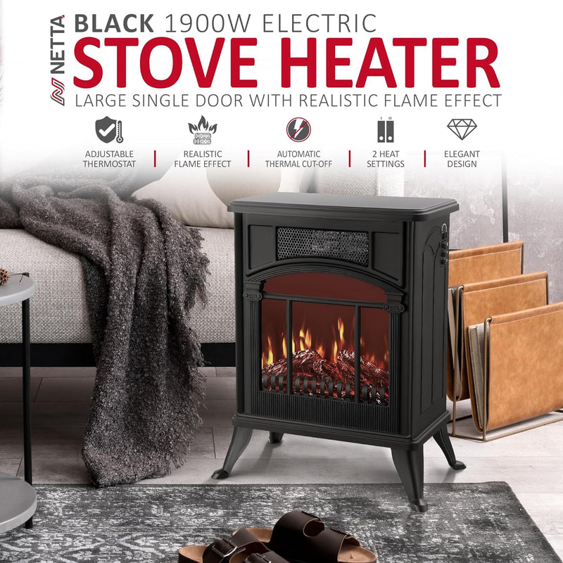 NETTA Electric Fireplace Stove: Fire Flame Effect, Portable - 1900W