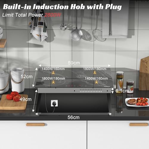 Karinear 60cm Induction Hob, 4 Zones, Touch Control, Black Glass