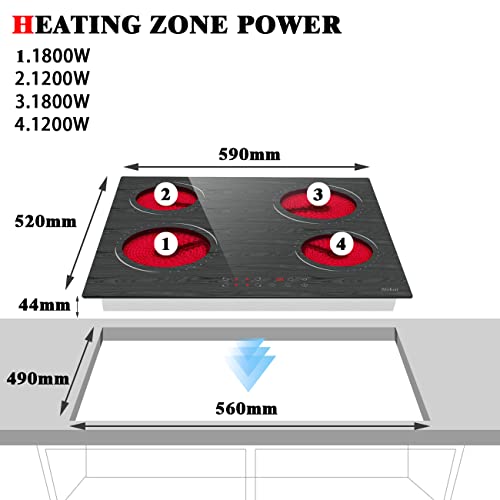 Hobsir 60cm Ceramic Electric Hob - Touch Control, 4 Zones, 6000W