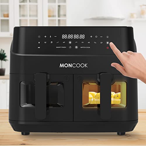 MONCOOK Double Air Fryer: Light-Up Glass, 9L Twin Baskets