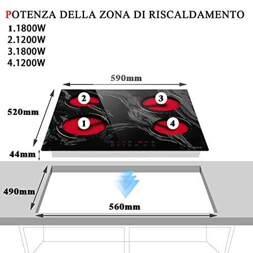 Hobsir 60cm Ceramic Electric Hob - Touch Control, 4 Zones, 6000W