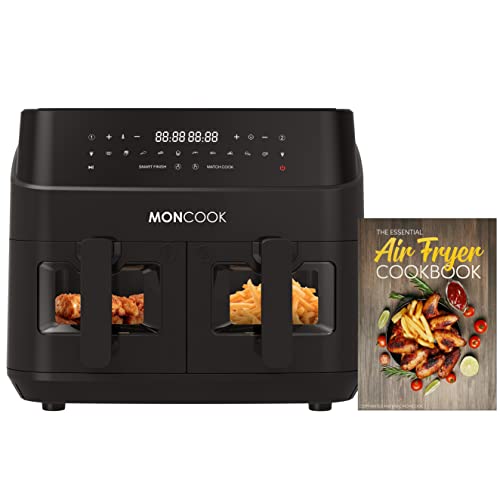 MONCOOK Double Air Fryer: Light-Up Glass, 9L Twin Baskets