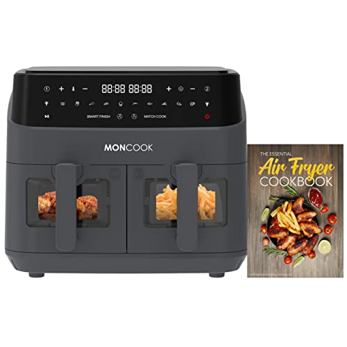 MONCOOK Double Air Fryer: Light-Up Glass, 9L Twin Baskets