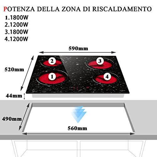 Hobsir 60cm Ceramic Electric Hob - Touch Control, 4 Zones, 6000W