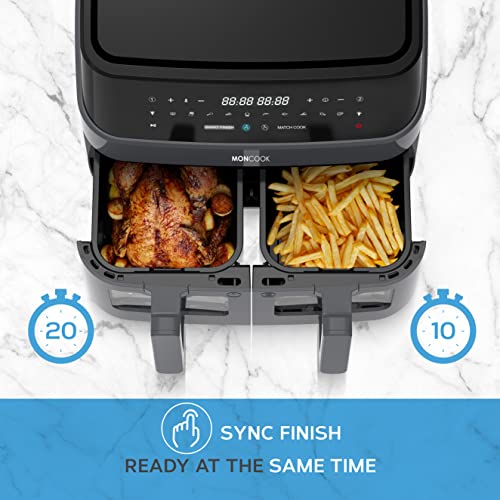 MONCOOK Double Air Fryer: Light-Up Glass, 9L Twin Baskets