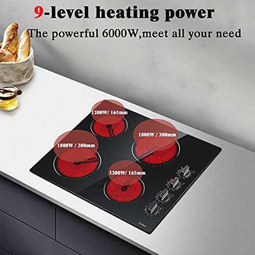 Hobsir 60cm Ceramic Electric Hob - Touch Control, 4 Zones, 6000W