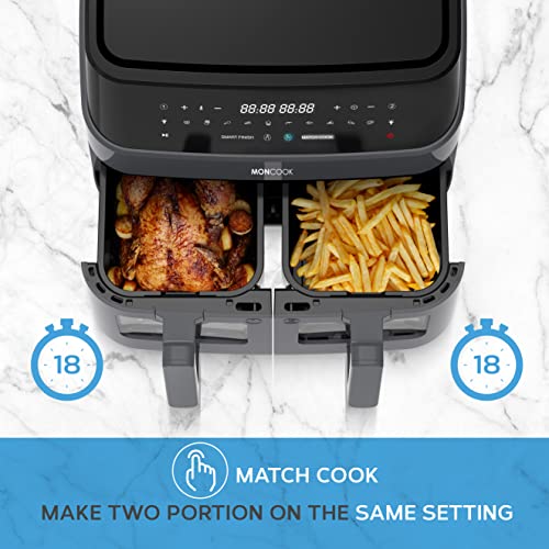 MONCOOK Double Air Fryer: Light-Up Glass, 9L Twin Baskets