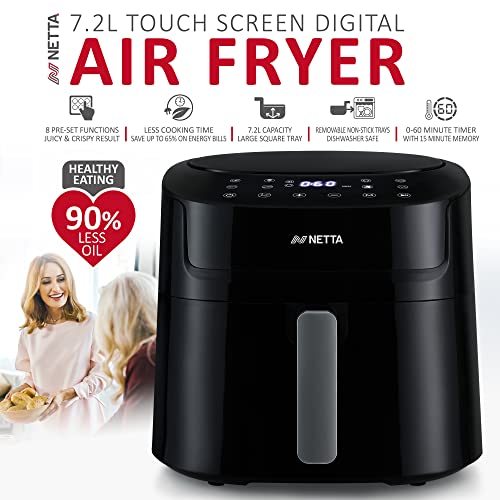 NETTA 8L Dual Basket Air Fryer Digital Smart Programmes, XL Size Black