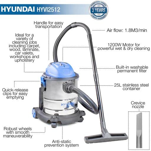 Hyundai 3000W Wet and Dry Vacuum: 100L Capacity, 5m Cable