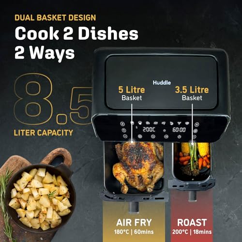 Huddle 8.5L Dual Basket Air Fryer - Energy Saving, Dishwasher Safe