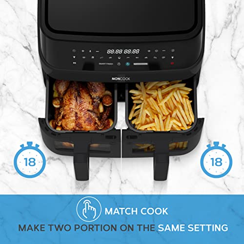 MONCOOK Double Air Fryer: Light-Up Glass, 9L Twin Baskets