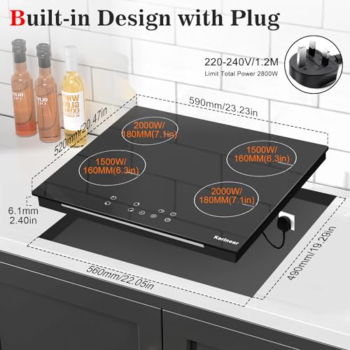 Karinear 60cm Induction Hob, 4 Zones, Touch Control, Black Glass