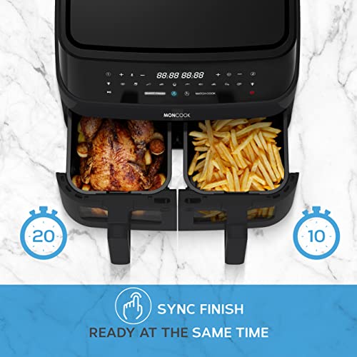 MONCOOK Double Air Fryer: Light-Up Glass, 9L Twin Baskets