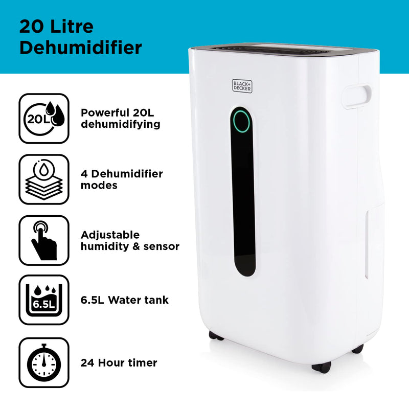 BLACK+DECKER 20L Dehumidifier | 4-in-1 | LED Display | White