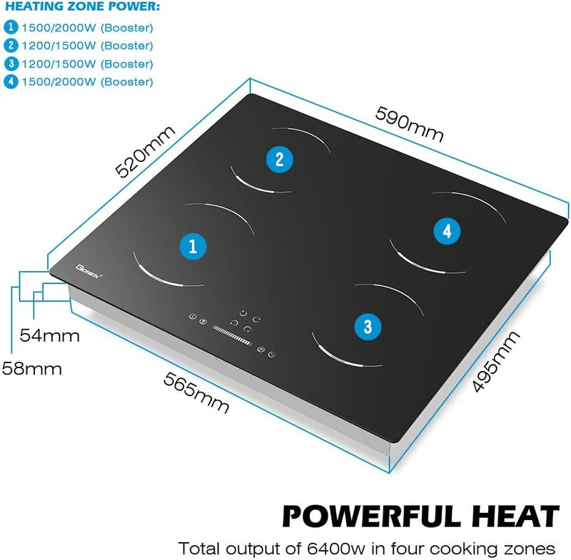 GIONIEN 60cm Induction Hob, 4 Burners, Black Ceramic Glass