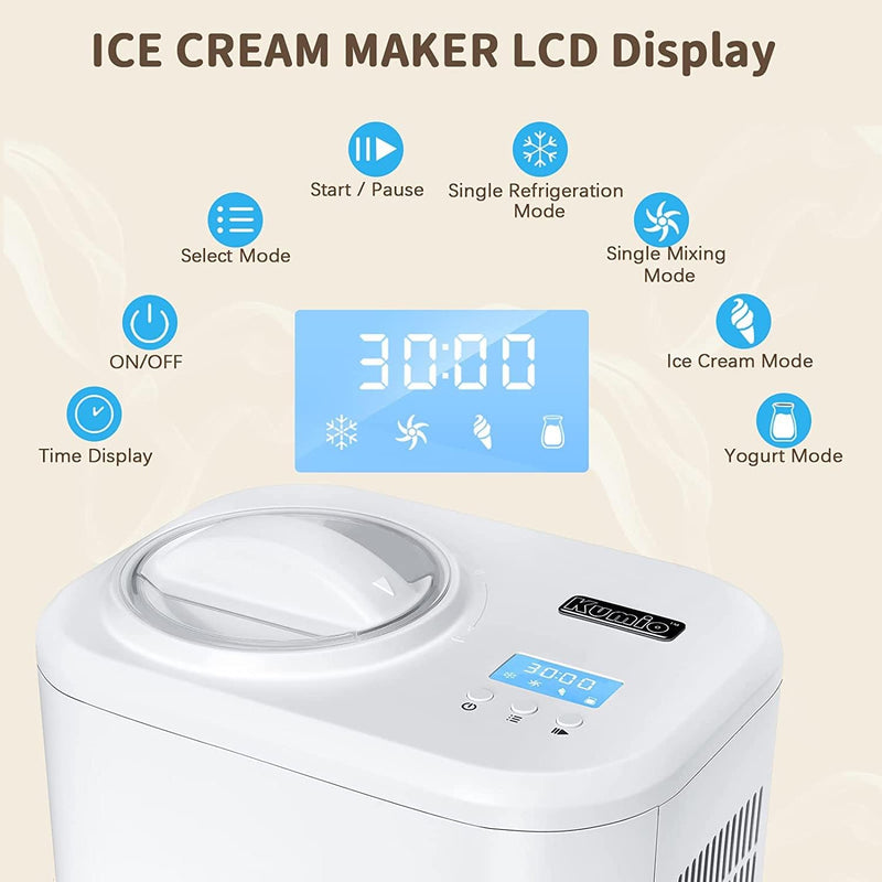 KUMIO Ice Cream Maker, Compressor, LCD Display, 1L, 100W, White