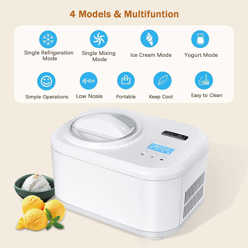 KUMIO Ice Cream Maker, Compressor, LCD Display, 1L, 100W, White