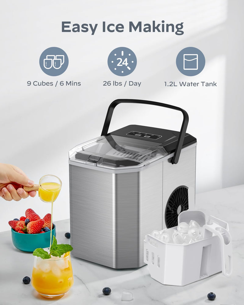 Silonn Countertop Ice Maker - 9 Cubes in 6 Mins, 12KG/24Hrs