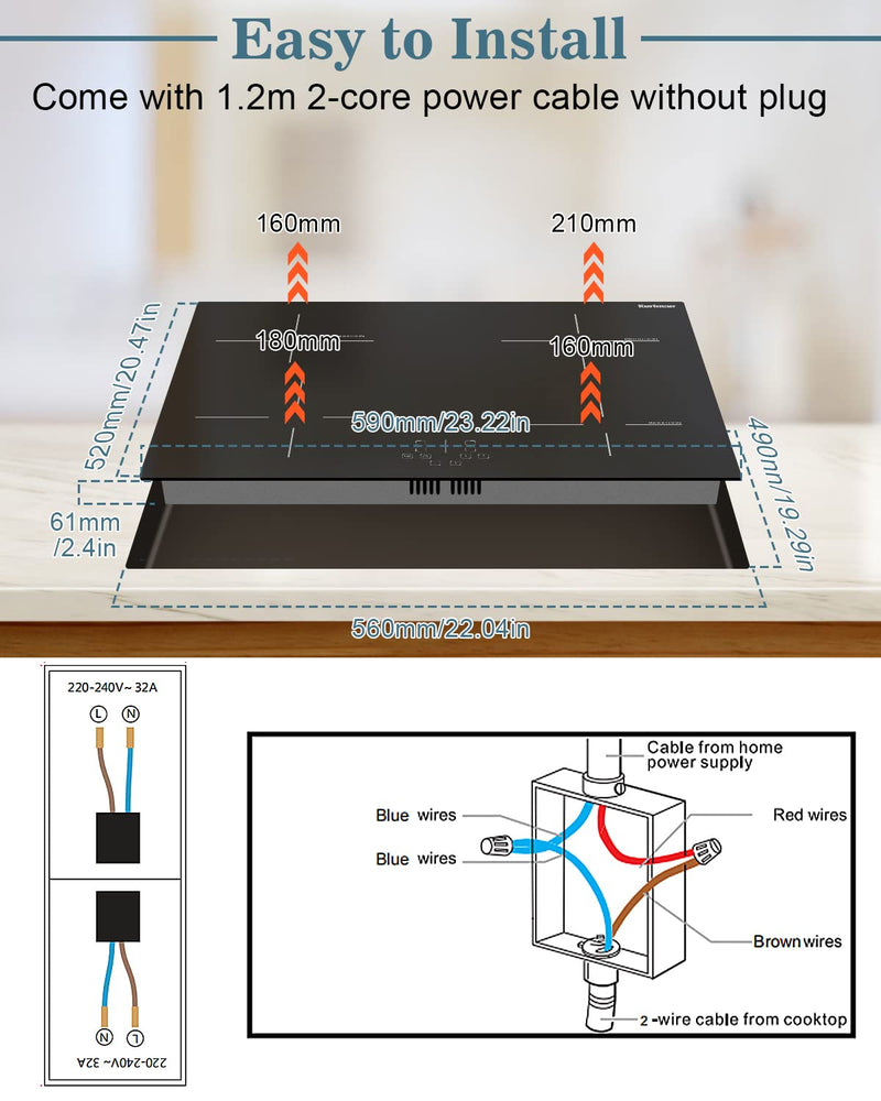 Karinear 60cm Induction Hob, 4 Zones, Touch Control, Black Glass