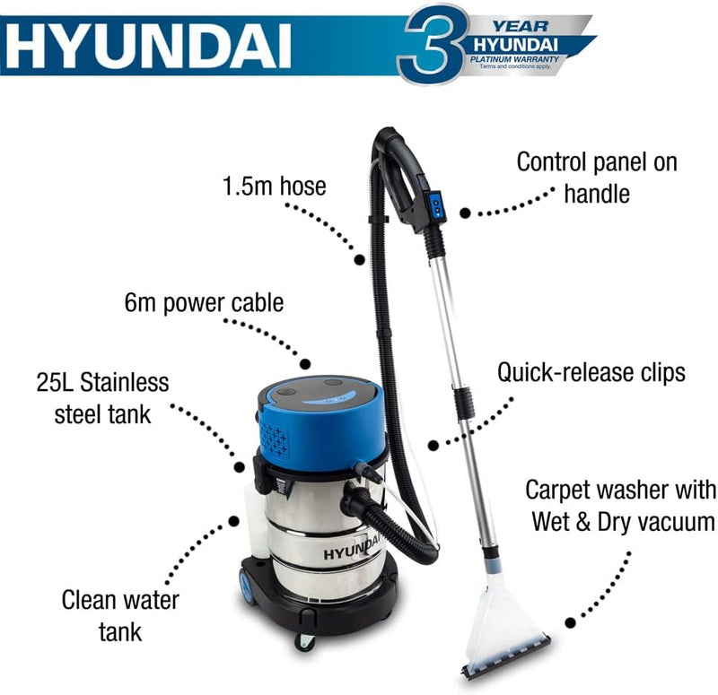 Hyundai 1200W Wet & Dry Vacuum: 2-in-1 Cleaner, 25L Capacity