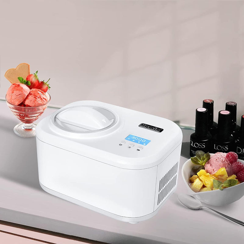 KUMIO Ice Cream Maker, Compressor, LCD Display, 1L, 100W, White