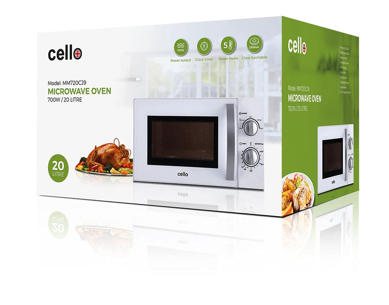 Cello 800W 20L Microwave Oven, 5 Heating Levels, Basic White