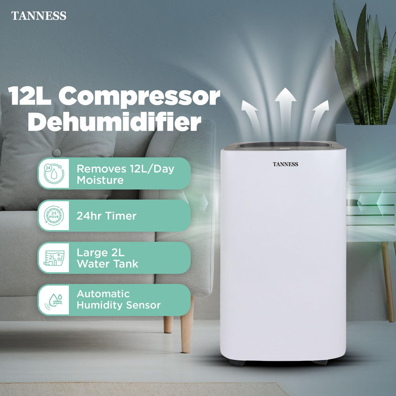 Tanness 12L Dehumidifier: Digital Display, Sleep Mode, Timer