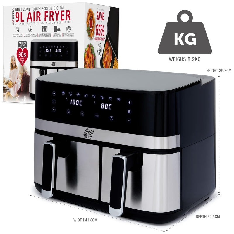 NETTA 8L Dual Basket Air Fryer Digital Smart Programmes, XL Size Black